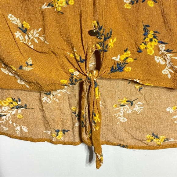 Jolt Women's Blouse L Mustard Yellow Hi Low Floral Vneck Front Tie Long Sleeve - Picture 6 of 14